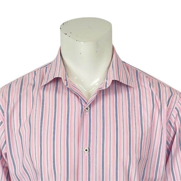Gianni Orvietto Super Fine Cotton Italy Pink Blue Striped Dress Shirt Mens 17-36 - Picture 7 of 10
